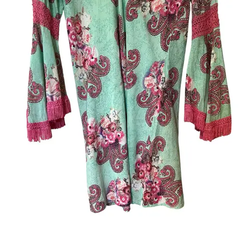 Velzera Mini Dress Tunic Green Pink Paisley Crochet Fringe Bell Sleeves SZ LG
