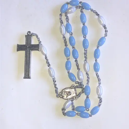 Vintage Blue  & White Silver Tone Religious Crucifix Catholic Rosary Necklace