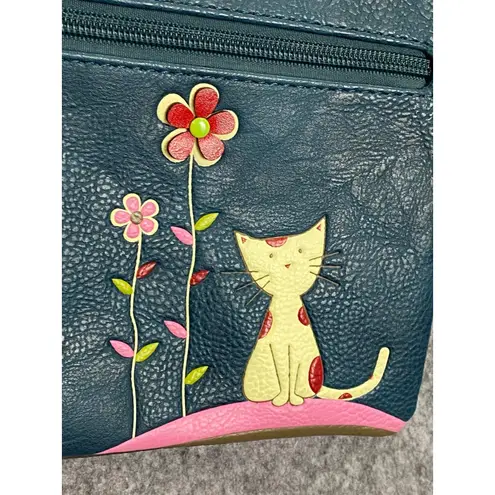 Espe Vegan Leather Cat Floral Crossbody Bag Blue Whimsical Applique Purse