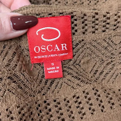 Oscar de la Renta Brown Crochet Knit Top Ruffle Collar Sleeves Small Y2K Vintage