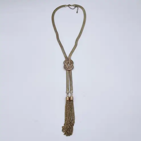 Vintage Gold Knot Snake Chain Lariat Necklace Metal Fringe Tassels Boho MCM