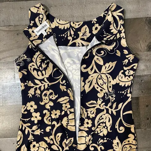 Danny & Nicole Women's Dark Navy Blue Tan Floral Midi Dress Size 10