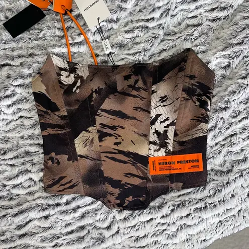 Heron Preston Camouflage Satin Corset Top H.W.C. Zip-Up Logo Tape Size 2 IT38