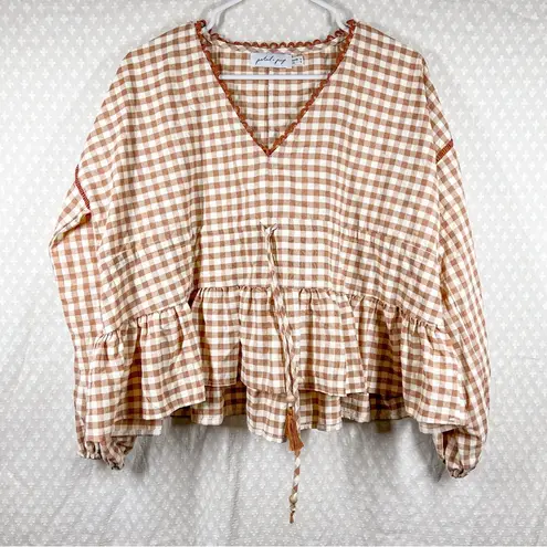 Petal and Pup Brown White Gingham Check Tie Waist Ruffle Sleeve Top
