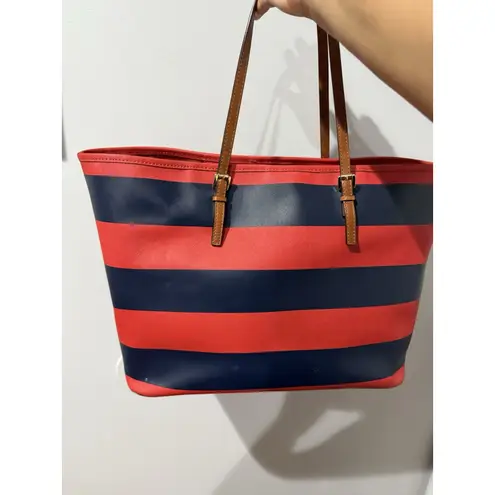 Michael Kors  Red and Navy Blue Striped Double‎ Handle Purse Handbag Tote - Image 3