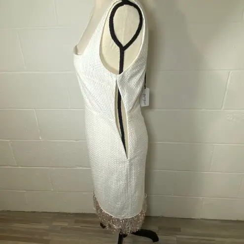 On Twelfth White Sleeveless Patterned Dress with Pastel Rainbow Fringe Hem