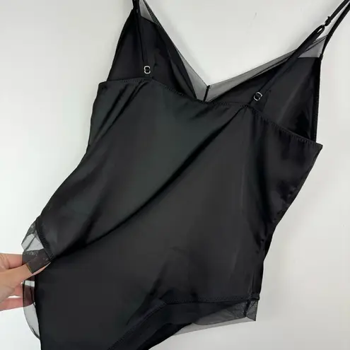 ZARA NWT  Black Satin Teddy Mesh Trim Bodysuit Sz Small Lingerie Sexy