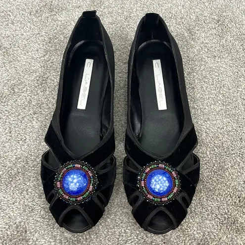C. Label Size 8 Black Peep Toe Strappy Flats with Beaded Decorative Stone Toe