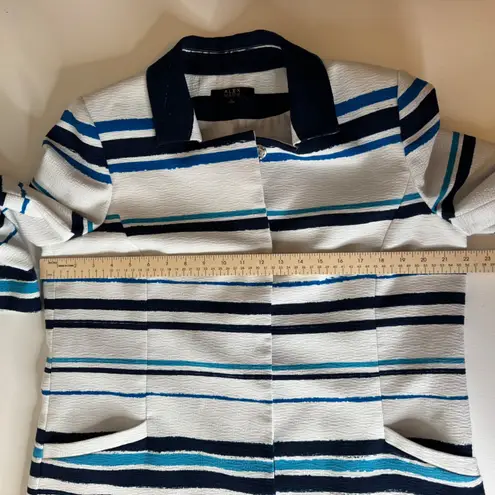 Alex Marie Womens Striped Textured Coat Large Blue White Longline Jacket Office