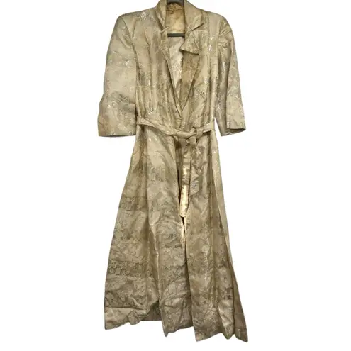 Vintage Handmade Brocade Duster Robe Gold Metallic Jacquard Belted Long Coat M Size M
