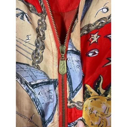 Vtg 90s Fuda International Silk Celestial Bomber Jacket Sz PM Sun Moon Chain Red