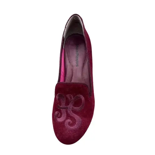 Hush Puppies Size 7.5 Burgundy Suede Slip-On Shoes Embroidered Detail