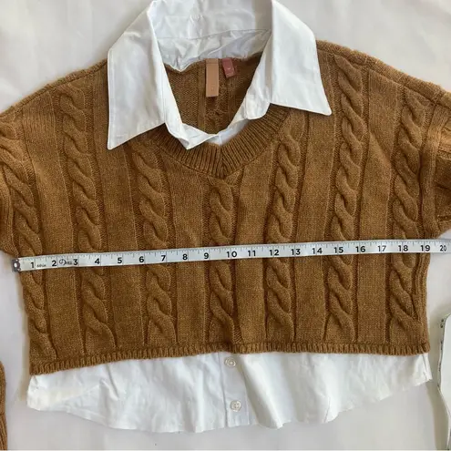 Pilcro Anthropologie Tan Cropped Cable-Knit Twofer Long Sleeve V-Neck Sweater