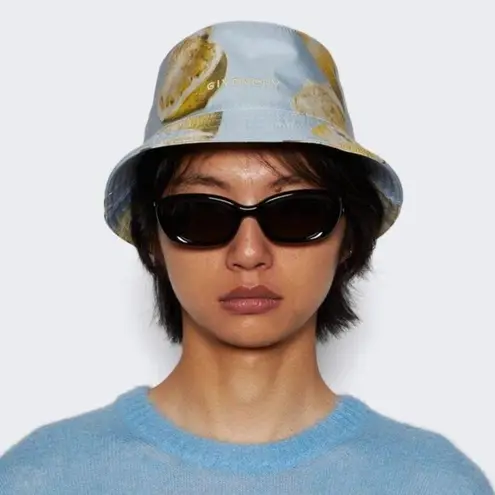 Givenchy NWT Lemon Print Silk Bucket Hat, Sky Blue, Size 56
