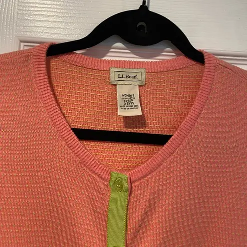 L.L. Bean Size M Coral Lime Green Stripe Lightweight Cotton Button Cardigan Pink Size M
