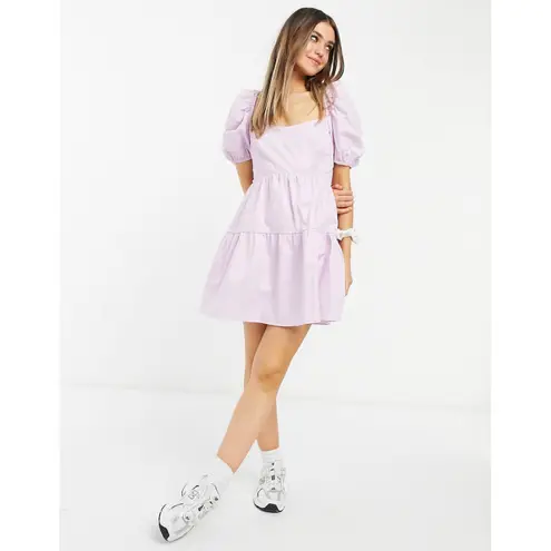 Bardot Lavender Puff Sleeve Tiered Mini Dress Open Back Bow Tie Size 6 SM NWOT