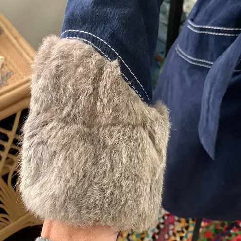 Vintage 70s Bullock's Wilshire Denim Rabbit Fur Belted Penny Lane Coat Size undefined