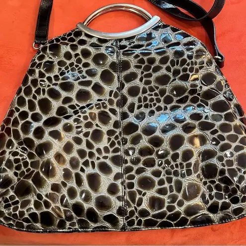 Hobo International Vintage HOBO Intl Black Croc Embossed Patent Leather Silver Metal Handle Bag