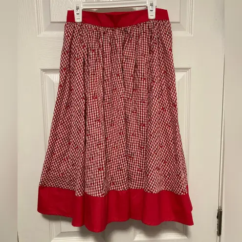 Unique Vintage Red Gingham Cherry Print Rye Swing Skirt