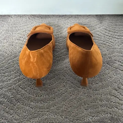 Manolo Blahnik Maysale Suede Buckle Kitten Heel Pumps Cognac Brown Size EU 38