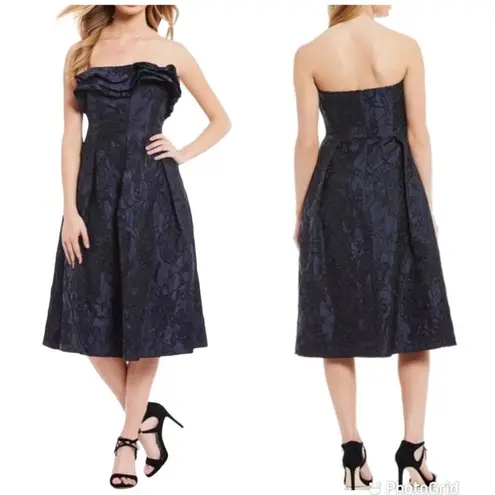 Antonio Melani  Strapless Cocktail Dress Midi Embroidered Navy Blue Size 4 New