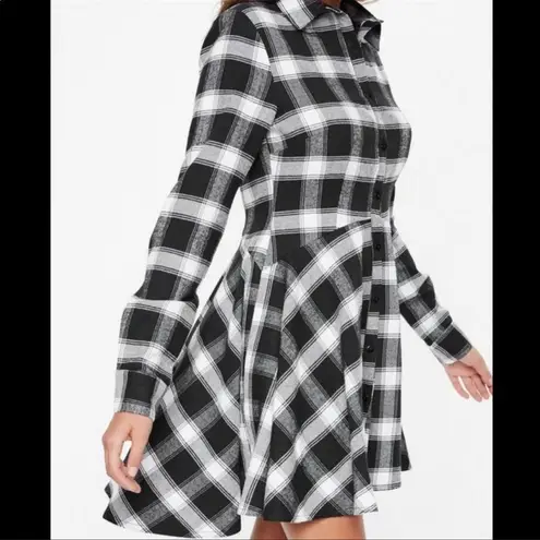 Missguided Plaid Check Black White Long Sleeve Button Down Skater Shirt Dress