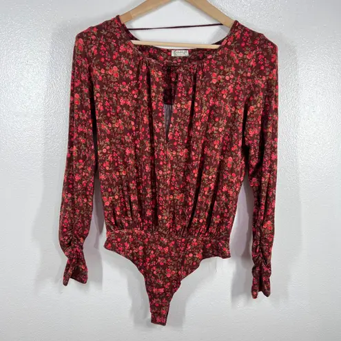 Free People Intimately Kaya Print Cutout Bodysuit Chocolate Combo Womens Medium Red