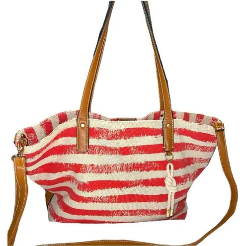 Canvas bag tan with red stripes!! Tan faux leather straps