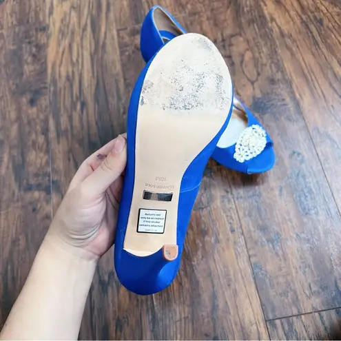 Badgley Mischka • Goodie Peep Toe Pumps satin jeweled Royal Blue Silk crystal