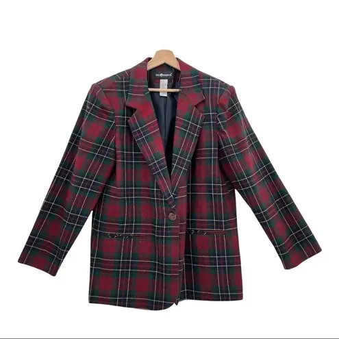SAG HARBOR Vintage Tartan Plaid Single Breasted Wool Blazer Size 14 Christmas Red