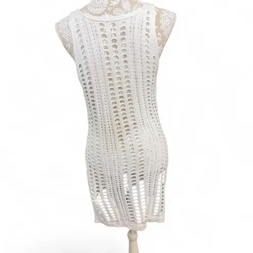 White Open Knit Crochet Sleeveless Cover Up Dress Size M Boho Cottage Core Size M