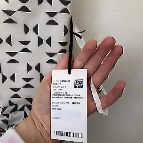 W By Worth NEW NWT Off White Black Border Print Criss Cross Strap Blouse Tank 10