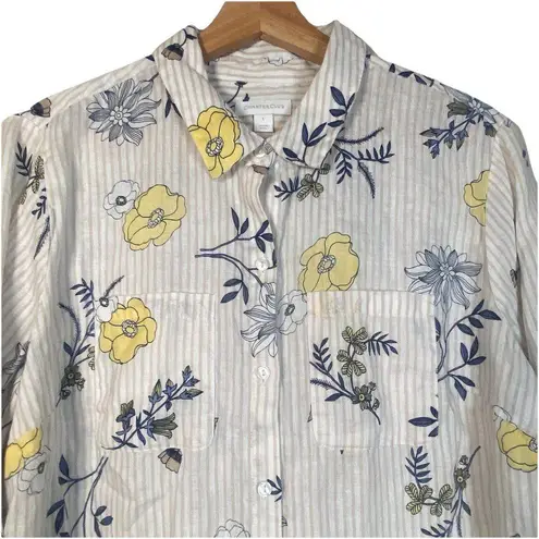 Charter Club Blue Yellow Floral Linen Button Down Shirt Size L Lagenlook Cottage