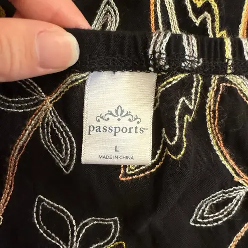 Passports black boho floral embroidery skirt L elastic waist artsy mini Size L