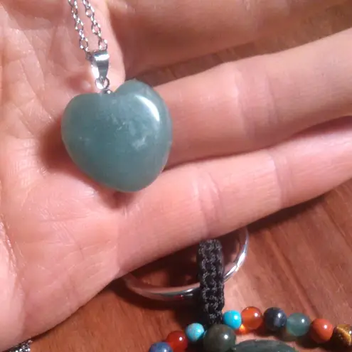 Green Aventurine Stainless Steel Heart Pendant Necklace and Heart Charm Keychain