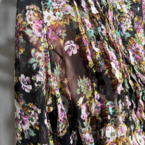 Whimsigoth Sheer Floral Black Mini Dress Tunic Pleated Waist Tie V Neck Fairy S