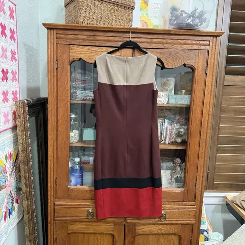 Akris PUNTO Sz US 4 Tan Maroon Red Fall Sheath Dress Viscose Wool Blend