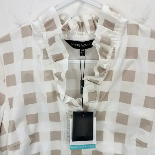 Ming Wang Gingham Ruffle Collar Top Blouse Relaxed Cotton Blue Popover XXS NWT