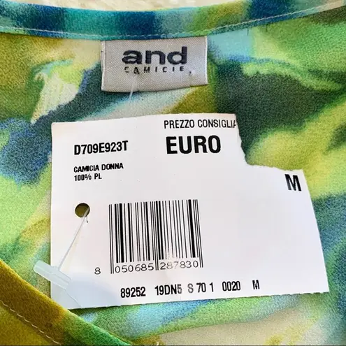 Camicia Donna Top Blouse Italian Floral Watercolors Button Tab Medium NEW Green