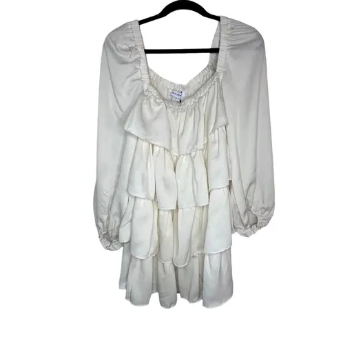 We Wore What tiered long sleeve mini dress crinkle chiffon ze1 ivory white xsmall
