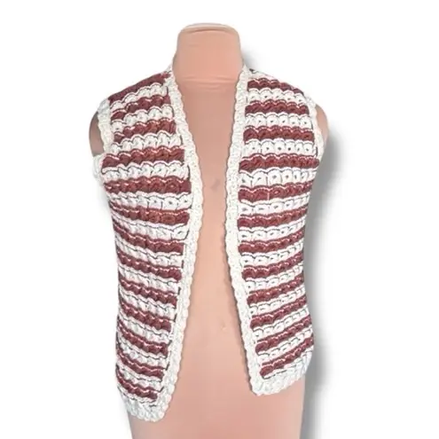 Vintage Handmade Crochet Vest Brown Cream Striped Chunky Knit Boho Layer Cozy Size M