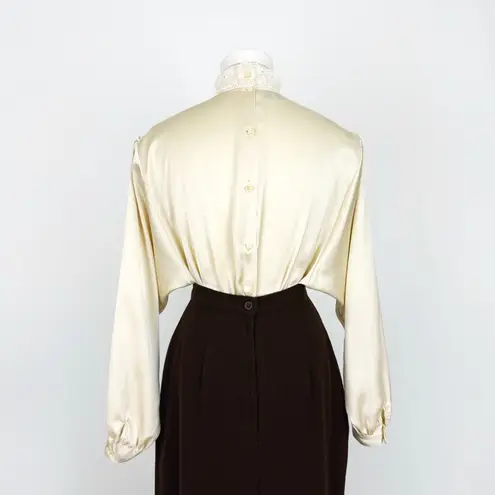Vintage 90’s Sheer Satin Blouse with Lace in Cream | Size M Size M