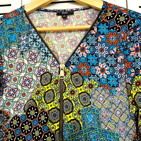 MSK Multicolor Mixed Print Shift Dress Midi Length Long Sleeve XL Blue