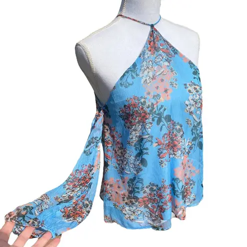 Line and Dot Long Sleeve Floral Cold Shoulder Blue Women's Size Medium