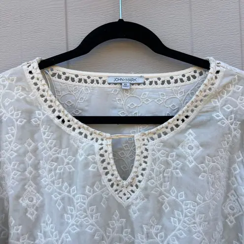 John Mark Velvet Eyelet Embroidered Flare 3/4 Sleeve Tunic Top Ivory White XL