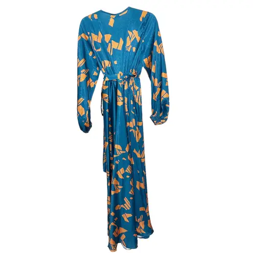 DIARRABLU NWOT Gyraf Blue Satin Marieme True Wrap Long Sleeve Maxi Dress Small