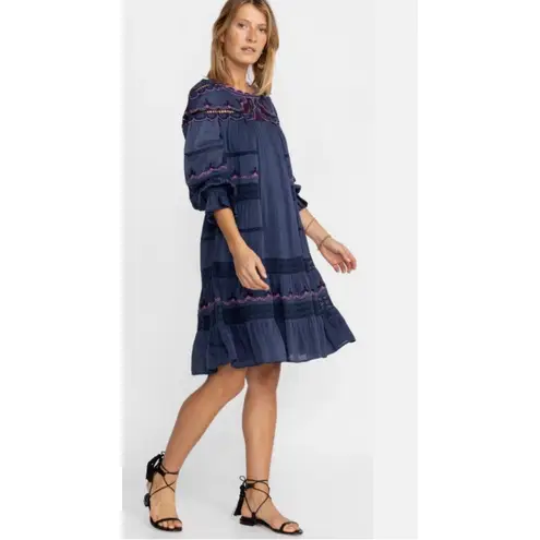 Johnny Was  Reina Midi Dress Womens Large Linen-Blend Blue Embroidered