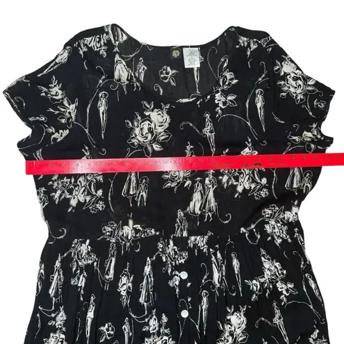 Bila Black Toile Floral Gauze Midi Dress XL Boho Button Front Tie Back Rayon