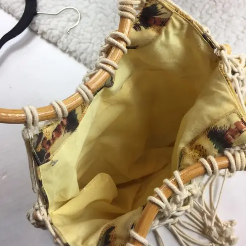 Vintage Macrame Pineapple Print Fringe Beaded Boho Handle Bag