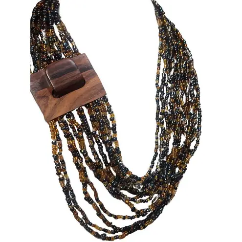 Vintage Amber Earth Tone Seed Bead Multi Strand Necklace with Wooden Belt Buckle Orange